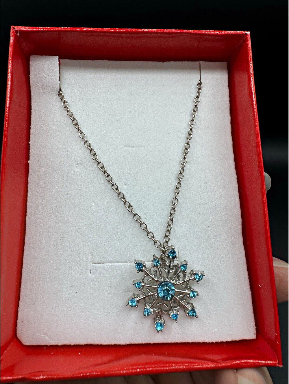 Blue Rhinestone Snowflake Necklace Silver Tone Holiday Winter Gift Box